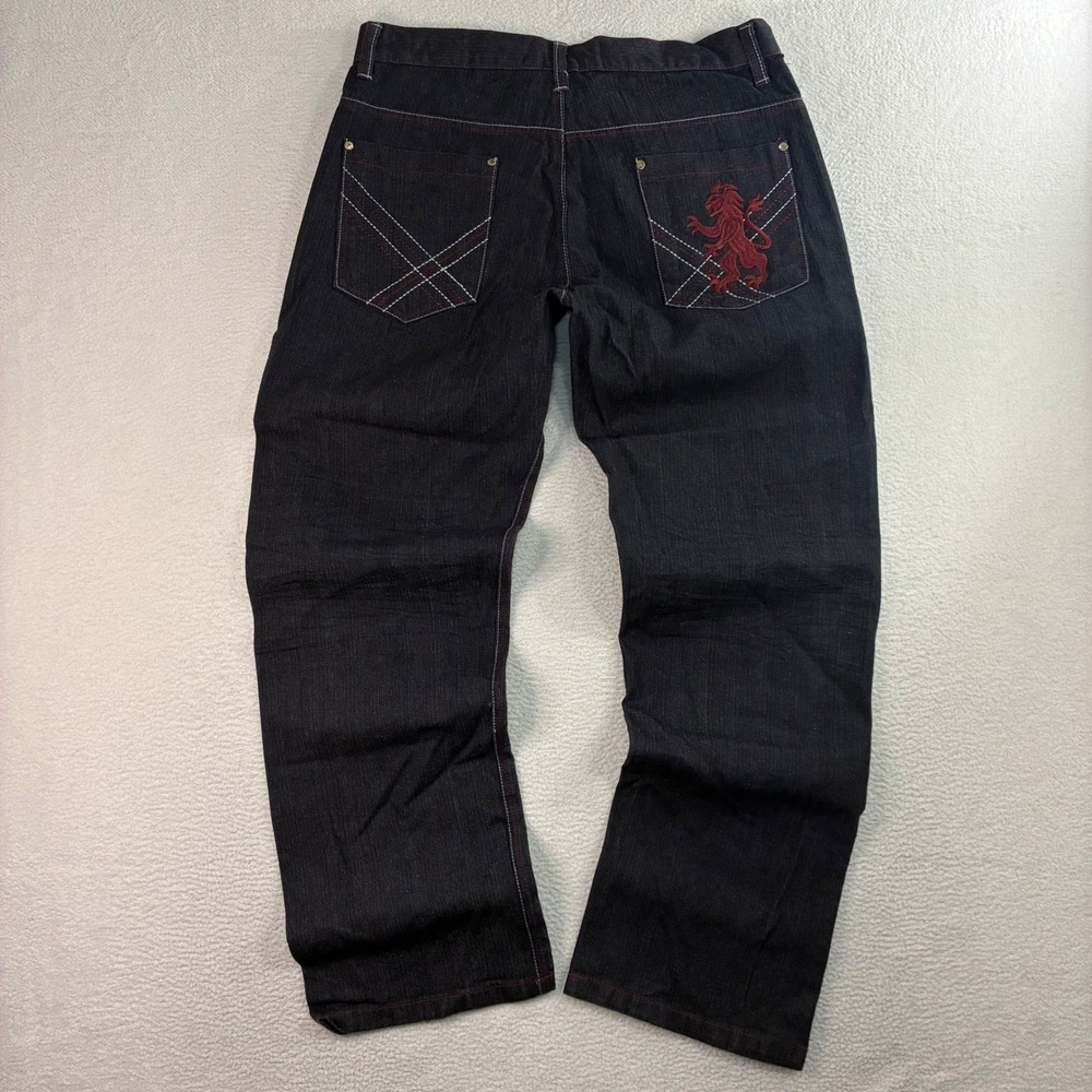 Y2K Red Ape Baggy Jeans Men 36x32 Black Red Embroidered Lion Loose Straight